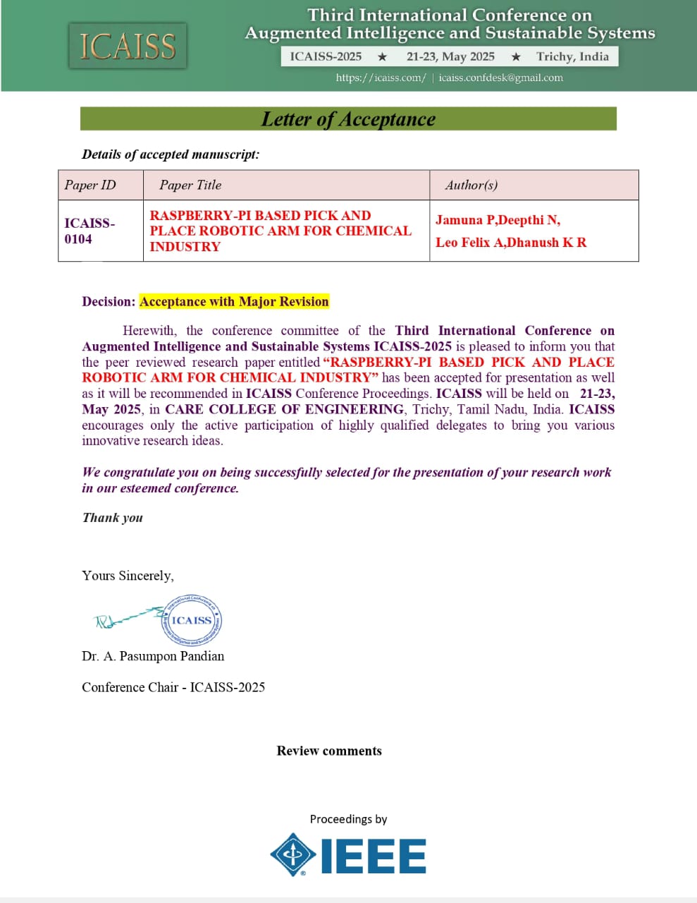 IEEE acceptance letter for Third International Conference on Augmented Intelligence and Sustainable Systems