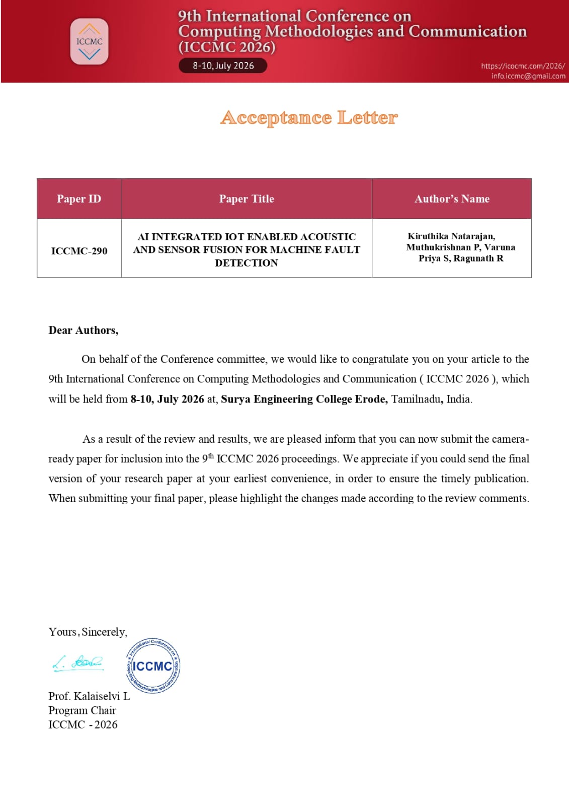 IEEE acceptance letter for 9th International Conference on Computing Methodologies and Communication