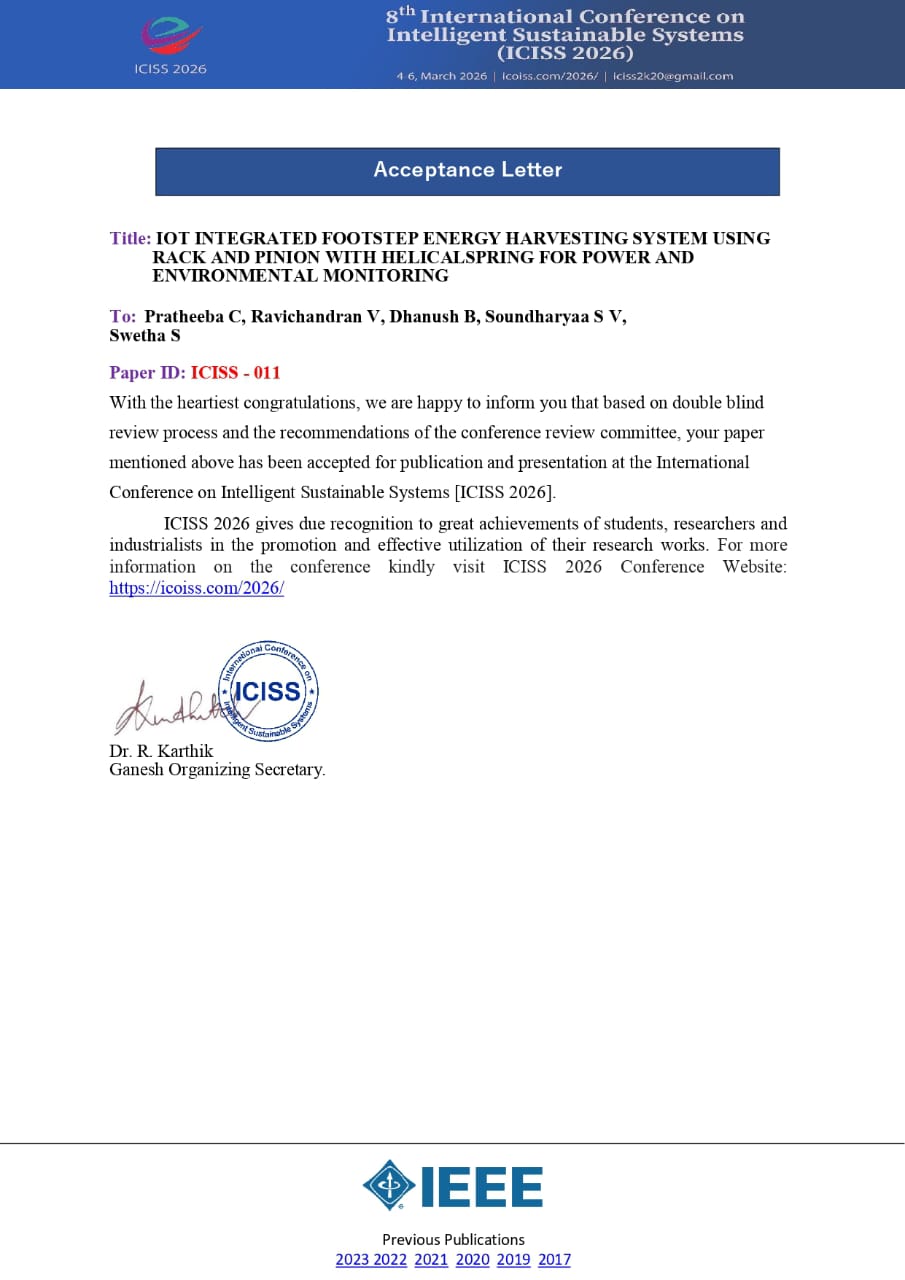 IEEE acceptance letter for 8th International Conference on Intelligent Sustainable Systems