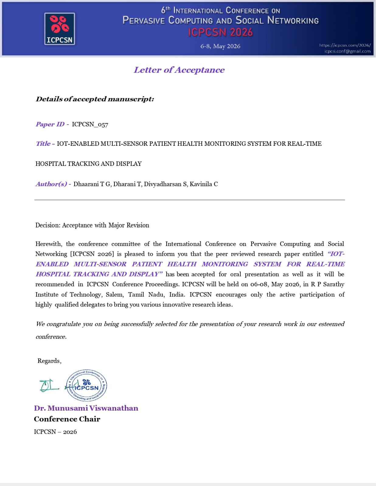 IEEE acceptance letter for 6th International Conference on Pervasive Computing and Social Networking