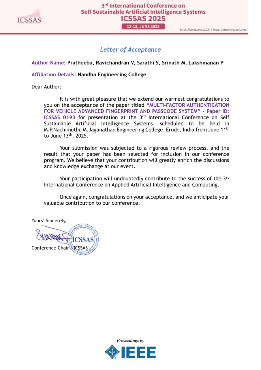 IEEE acceptance letter for 3rd International Conference on Self Sustainable Artificial Intelligence Systems