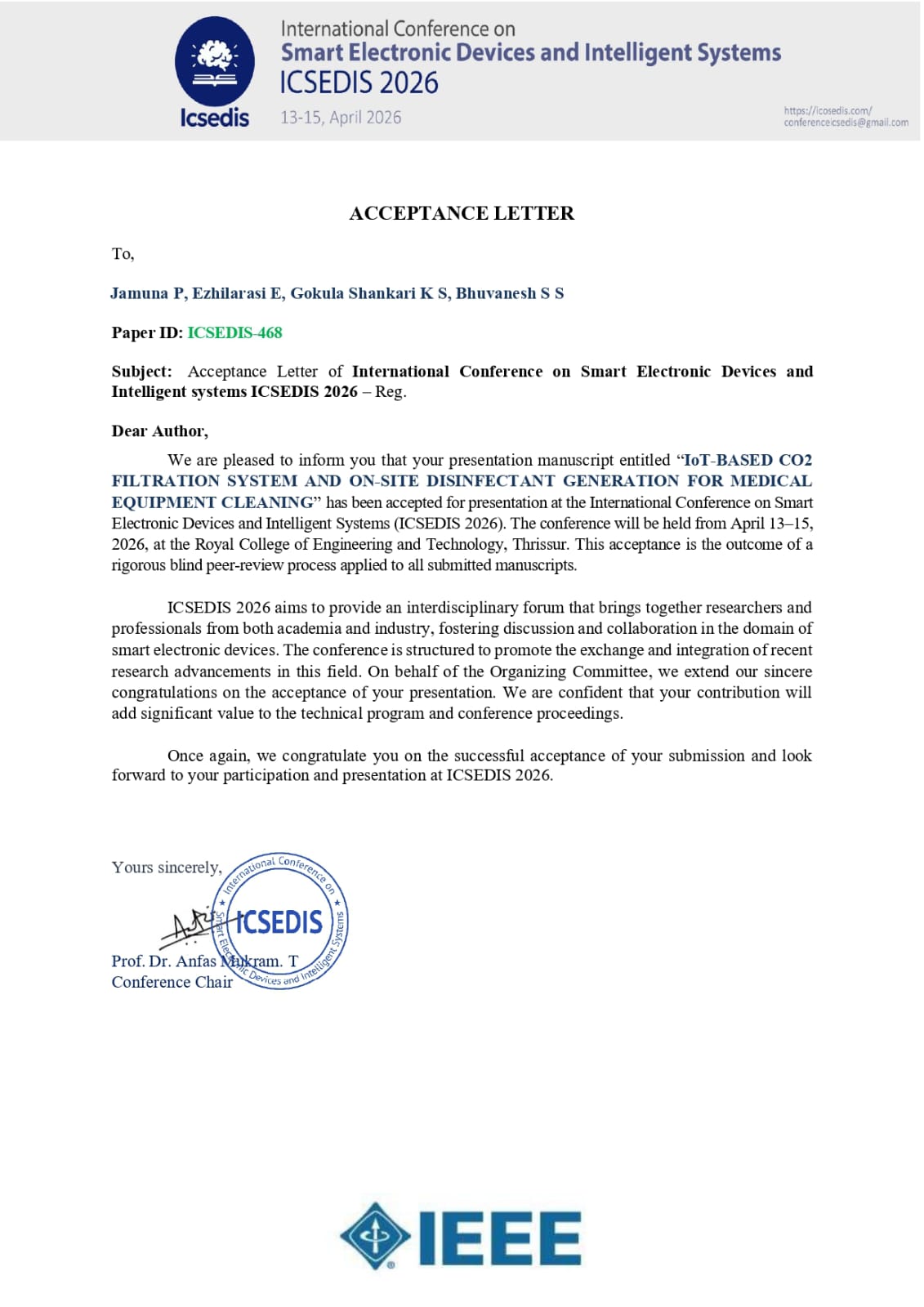 IEEE acceptance letter for International Conference on Smart Electronic Devices and Intelligent Systems