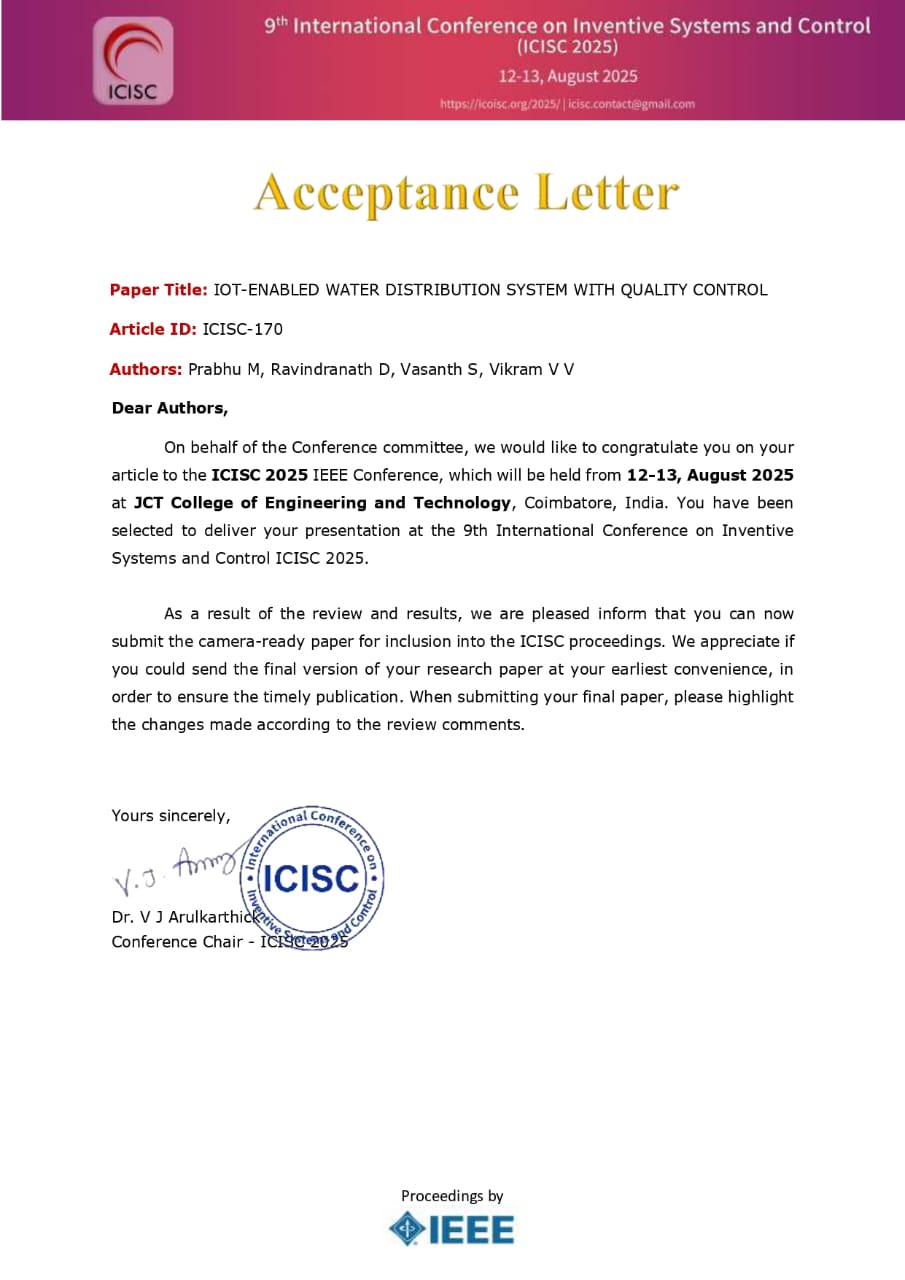IEEE acceptance letter for 9th International Conference on Inventive Systems and Control