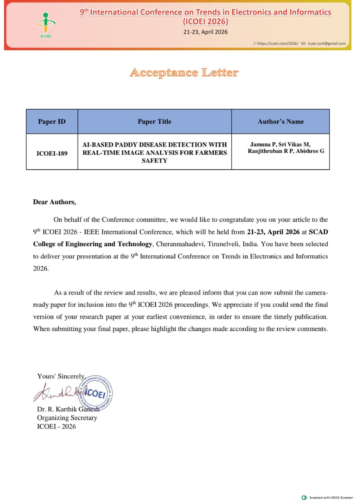 IEEE acceptance letter for 9th International Conference on Trends in Electronics and Informatics