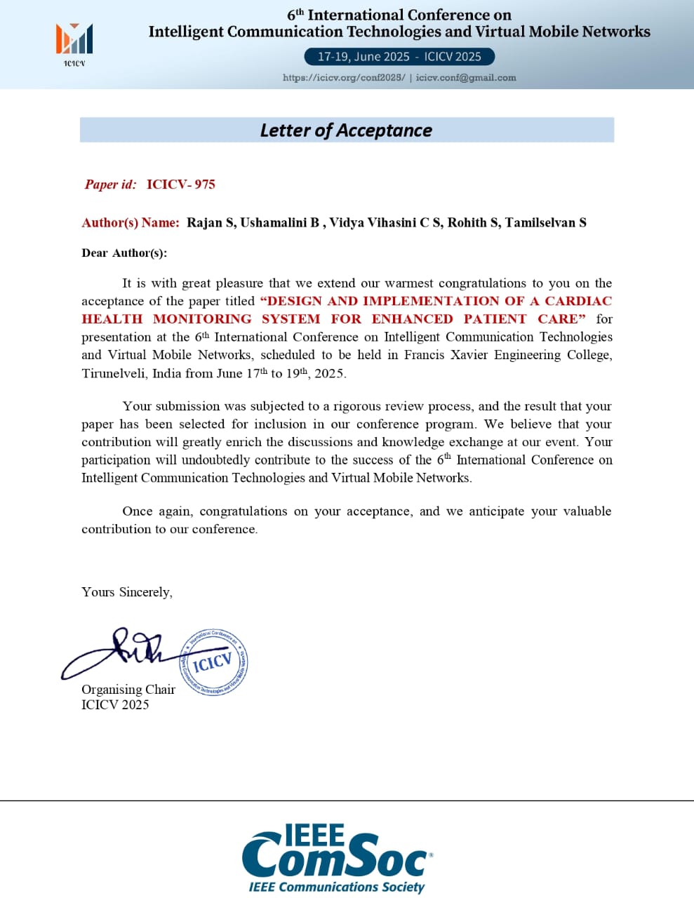 IEEE acceptance letter for 6th International Conference on Intelligent Communication Technologies and Virtual Mobile Networks