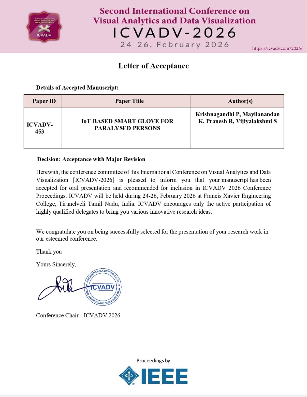 IEEE acceptance letter for Second International Conference on Visual Analytics and Data Visualization